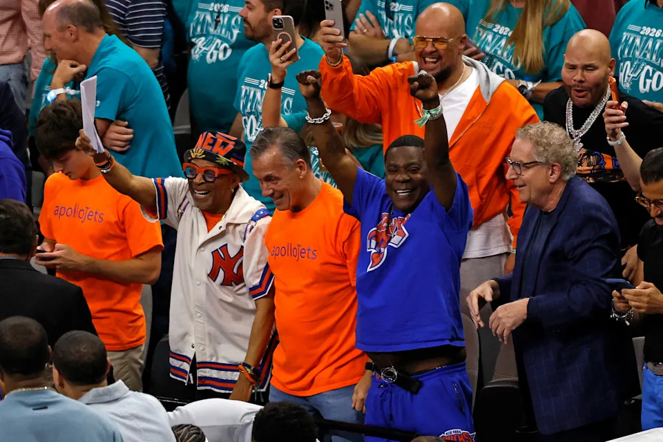 Spike Lee, Tracy Morgan and Fat Joe celebrate the Knicks victory in San Antonio.