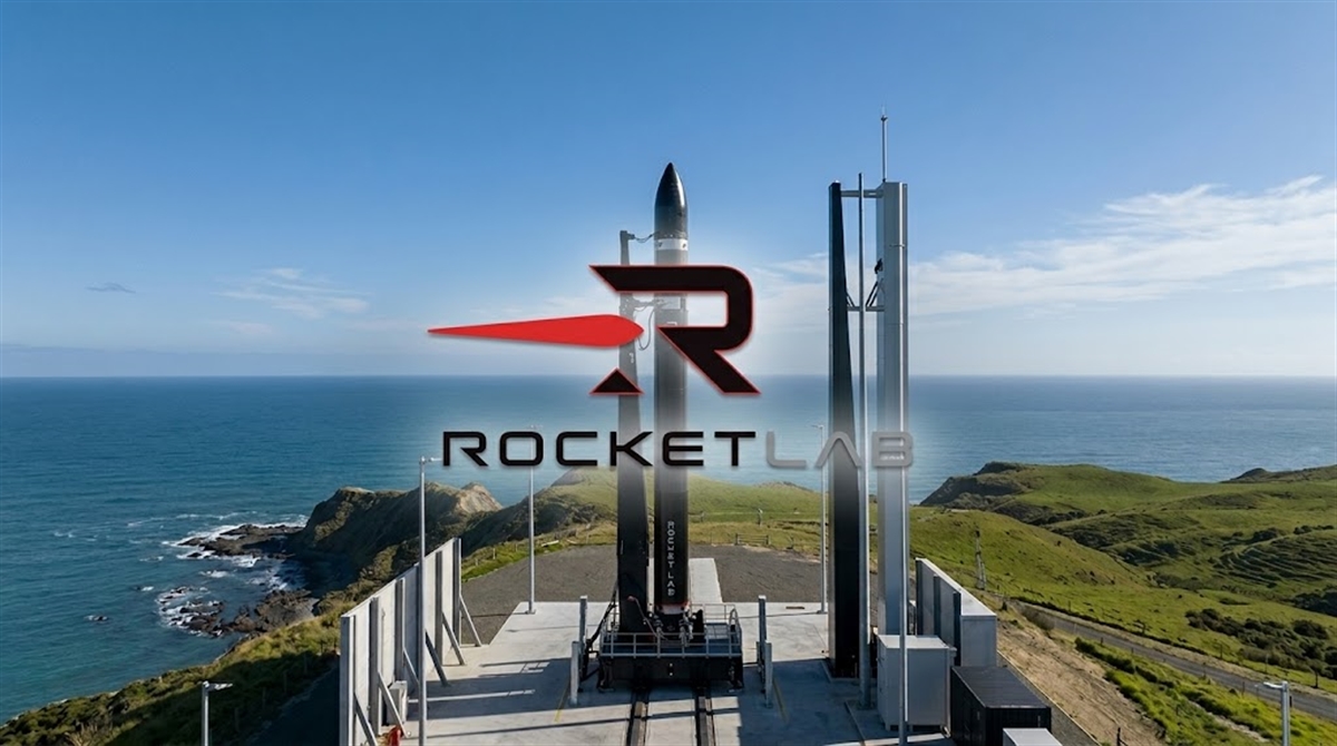 Rocket Lab logo overlaid on a photo of an Electron rocket on a coastal launch pad.