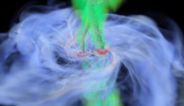 This frame from a simulation shows a binary star forming inside a gas cloud. The gas shown in blue is orbiting the binary system. The green gas is being expelled from the system, taking angular momentum with it. This loss of angular momentum is driven by magnetic fields in the disk, and explains how a binary pair can get so close to one another. It also sheds light on how black holes merge. Image Credit: Matsumoto, Hotokezaka, Inayoshi 2026