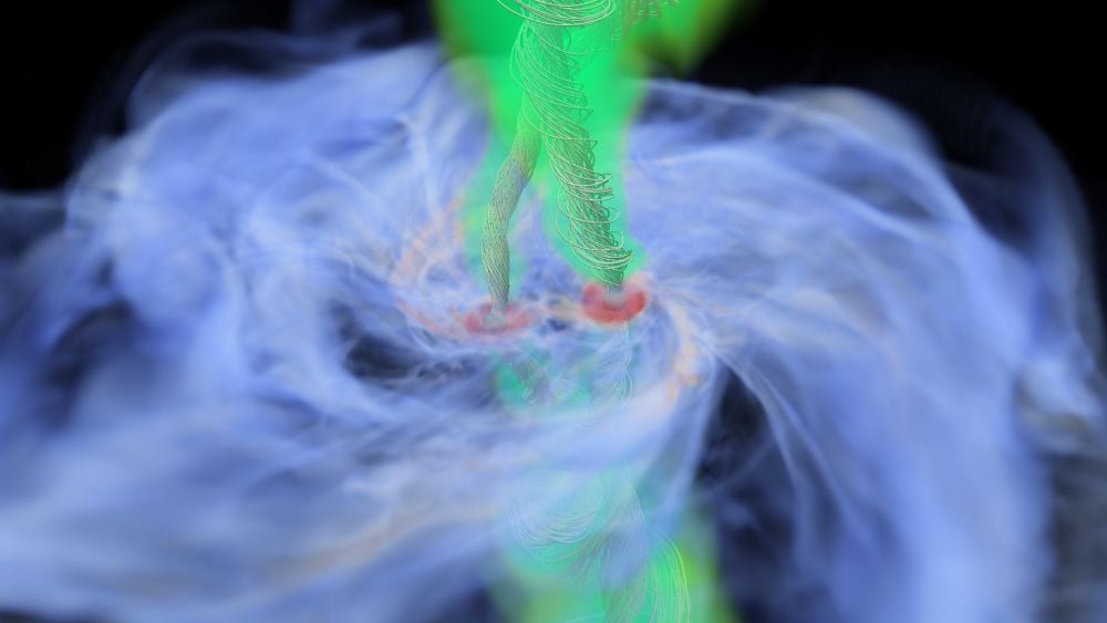 This frame from a simulation shows a binary star forming inside a gas cloud. The gas shown in blue is orbiting the binary system. The green gas is being expelled from the system, taking angular momentum with it. This loss of angular momentum is driven by magnetic fields in the disk, and explains how a binary pair can get so close to one another. It also sheds light on how black holes merge. Image Credit: Matsumoto, Hotokezaka, Inayoshi 2026