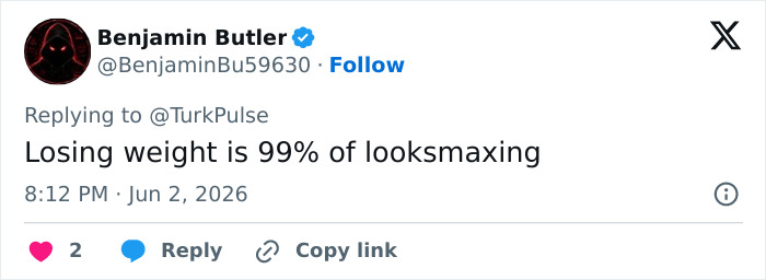 Tweet stating losing weight is key to looksmaxing