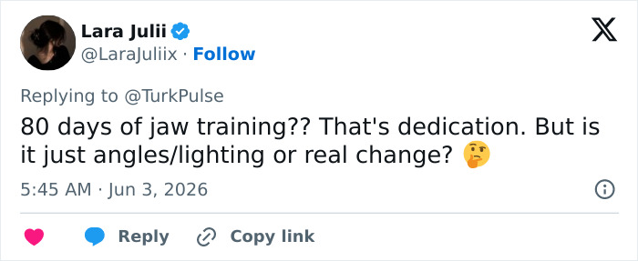 Social media comment questioning jaw training results after 80 days