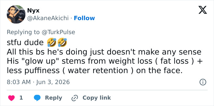 Reply discussing glow up due to weight loss and reduced facial puffiness