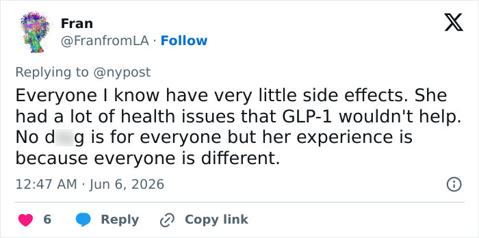 Tweet discussing side effects of GLP-1 and personal experiences Tweet discussing side effects of GLP-1 and personal experiences