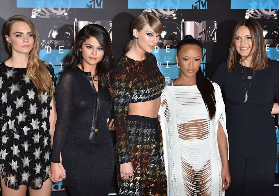 Cara Delevingne, Selena Gomez, Taylor Swift, Serayah, and Mariska Hargitay on August 30, 2015.Credit: Getty