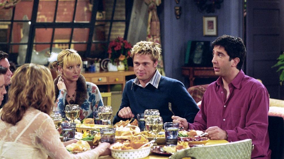 FRIENDS -- "The One With The Rumor"-- Episode 9 -- Aired 11/22/2001 -- Pictured: (l-r) Jennifer Aniston as Rachel Green, Lisa Kudrow as Phoebe Buffay, Brad Pitt as Will Colbert, David Schwimmer as Ross Geller -- Photo by : Danny Feld/NBCU Photo Bank