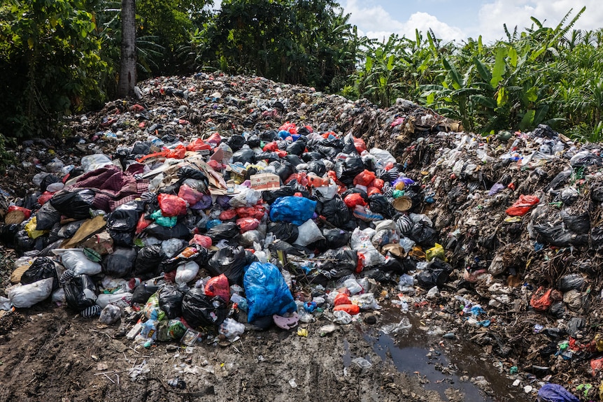 A pile of trash, filled with torn plastic bags, food scraps and plastic bottles, surrounded by dirt.