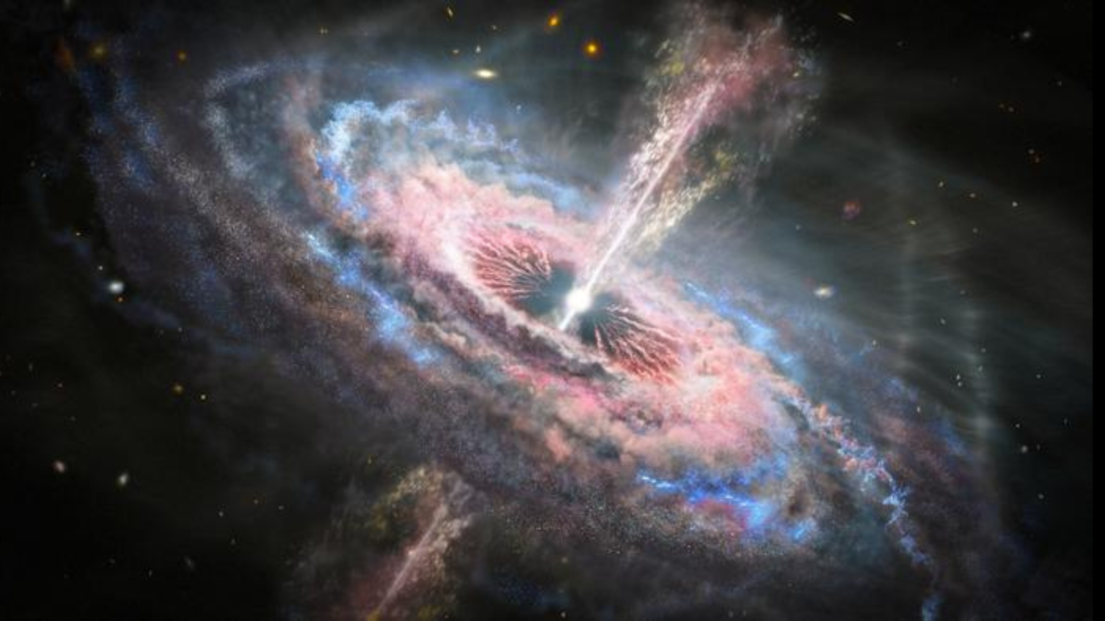 An illustration of an active supermassive black hole powering a bright quasar