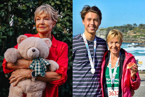 Caroline Yarnell hugs her son’s teddy bear at their family home in Manly Vale. Gus Wong and his mother after running a personal best in the City2Surf.