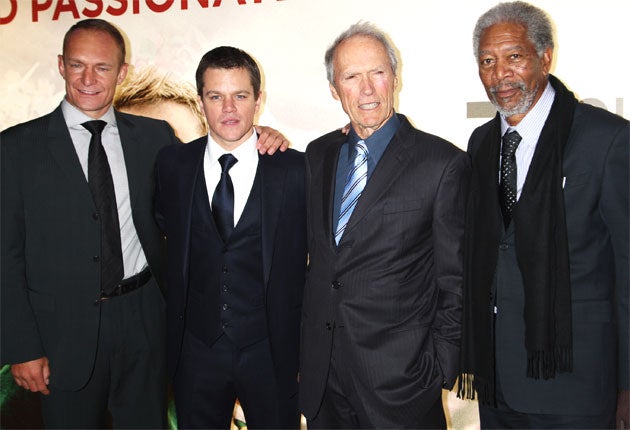 François Pienaar, Matt Damon, Clint Eastwood and Morgan Freeman at the London premiere of ‘Invictus’