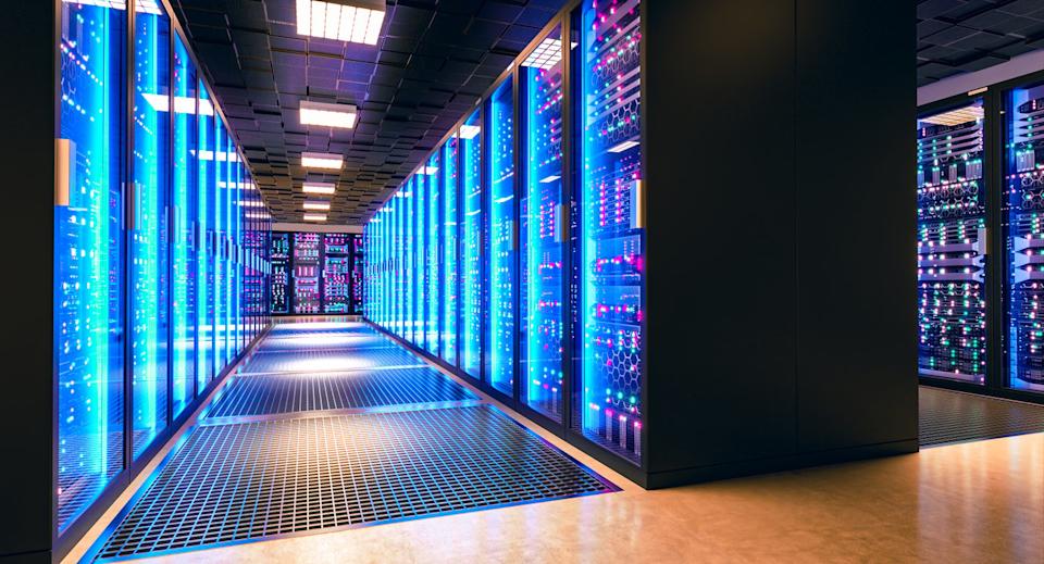 The interior of a massive data center.