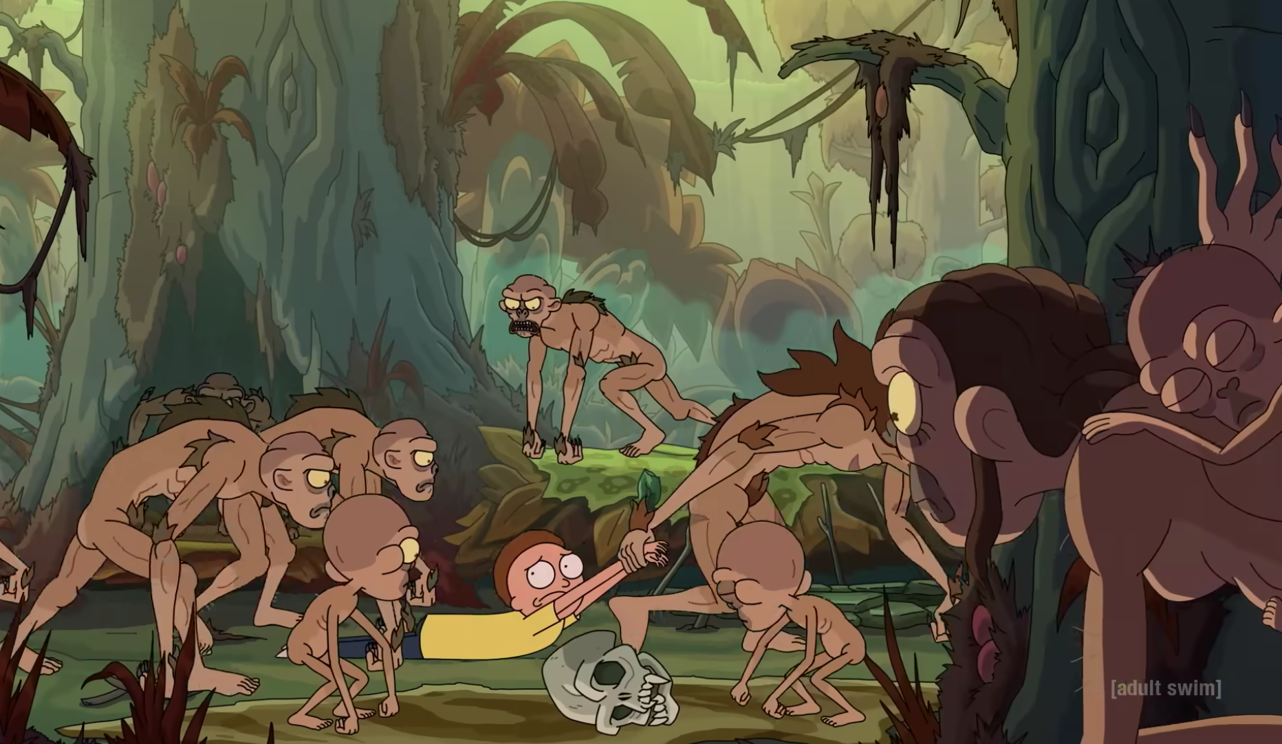 a cartoon character being dragged by creatures