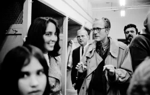 Naomi Marcus, Joan Baez, Gene Nelson, Ralph Gleason & Tom Donahue locker room Candlestick Park San Francisco August 29, 1966