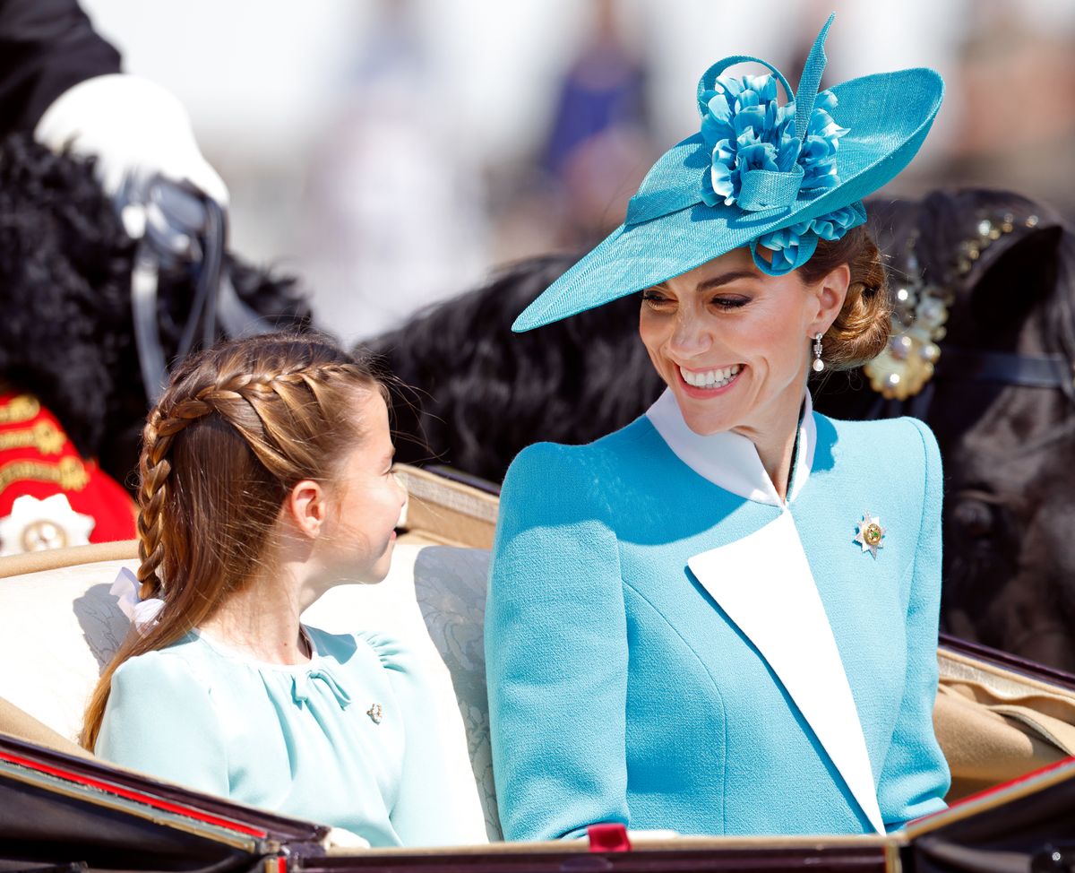 Princess Charlotte and Catherine, Princess of Wales, coordinated in complementary shades of aqua at Trooping the Colour.