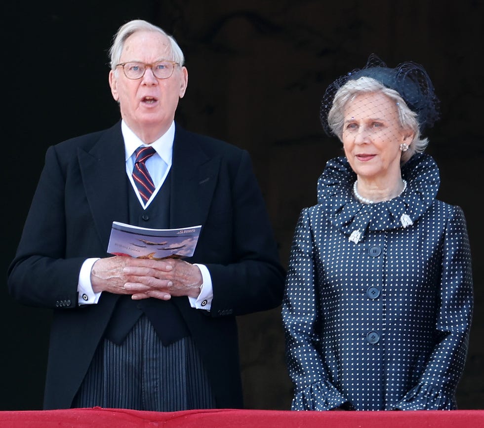 london, england june 13: prince richard, duke of gloucester and birgitte, duchess of gloucester watch an raf flypast from the balcony of buckingham palace during trooping the colour on june 13, 2026 in london, england. trooping the colour is a ceremonial parade celebrating the official birthday of the british monarch. the event features over 1400 soldiers of the household division and kings troop royal horse artillery, including over 400 musicians from the massed bands. (photo by chris jackson/getty images)