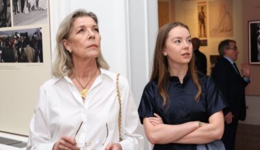 Princess Caroline of Monaco in a sheer floral skirt and Alexandra of Hanover in satin honor Grace Kelly