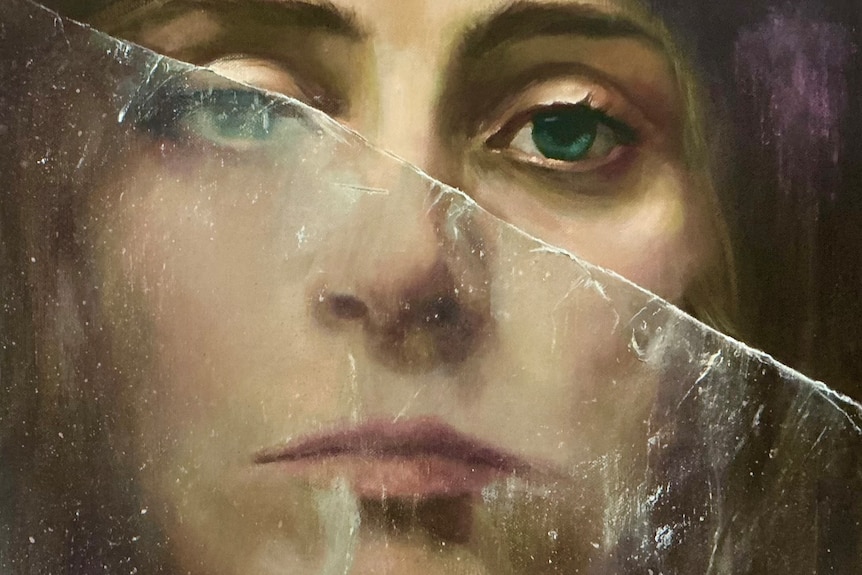 An abstract painting of a woman's face, close up on eyes filled with emotion, and a crack across the face.