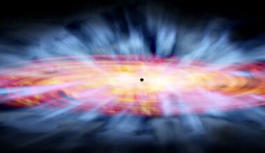 An illustration of a black circle surrounded by a pink and yellow disk and there are blue winds blowing outward.