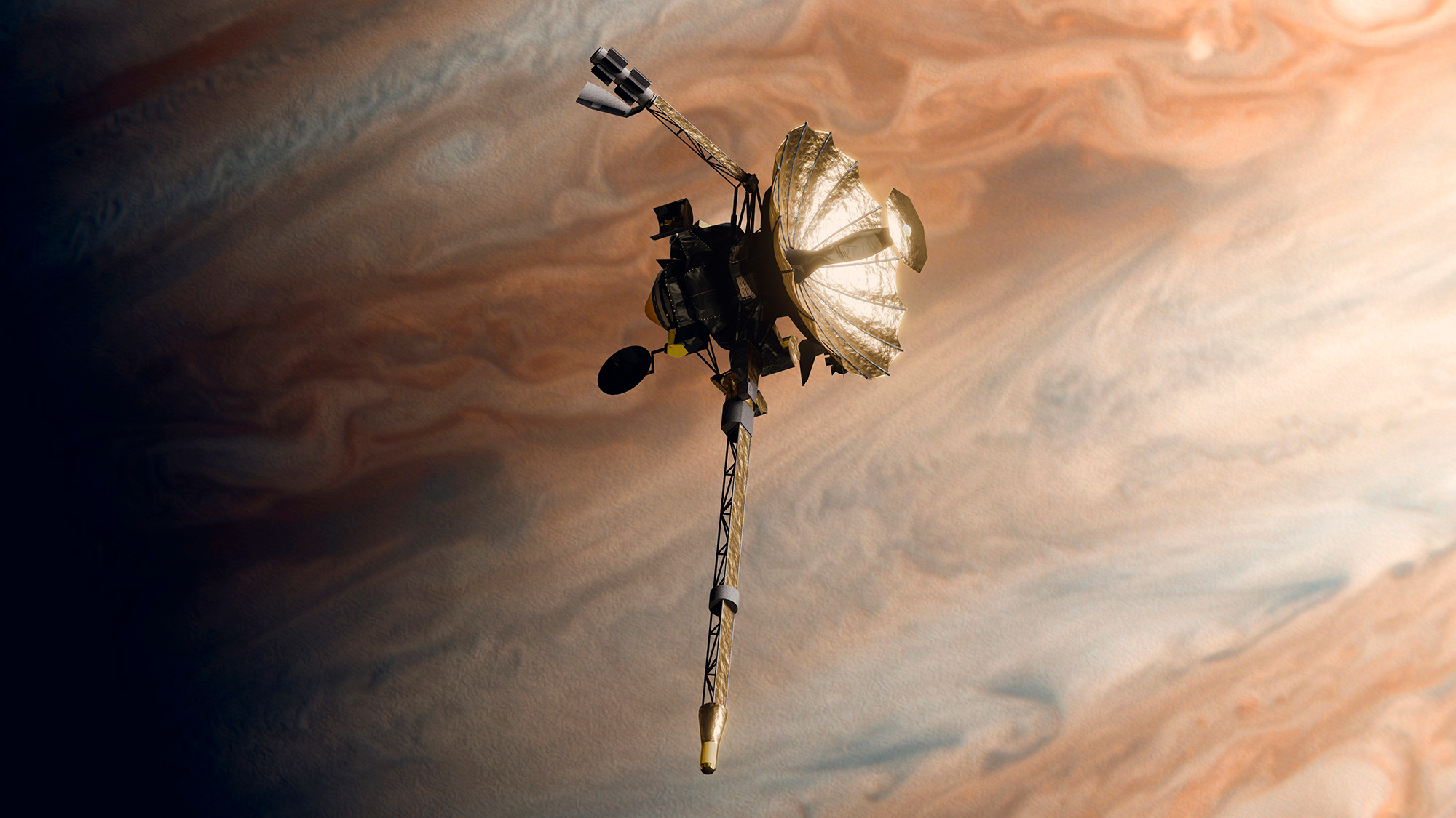 An illustration of a space probe in front of the planet Jupiter.
