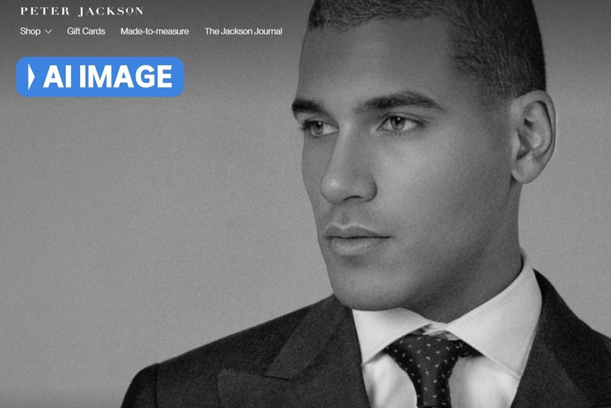 A black and white image of a male model with an AI label