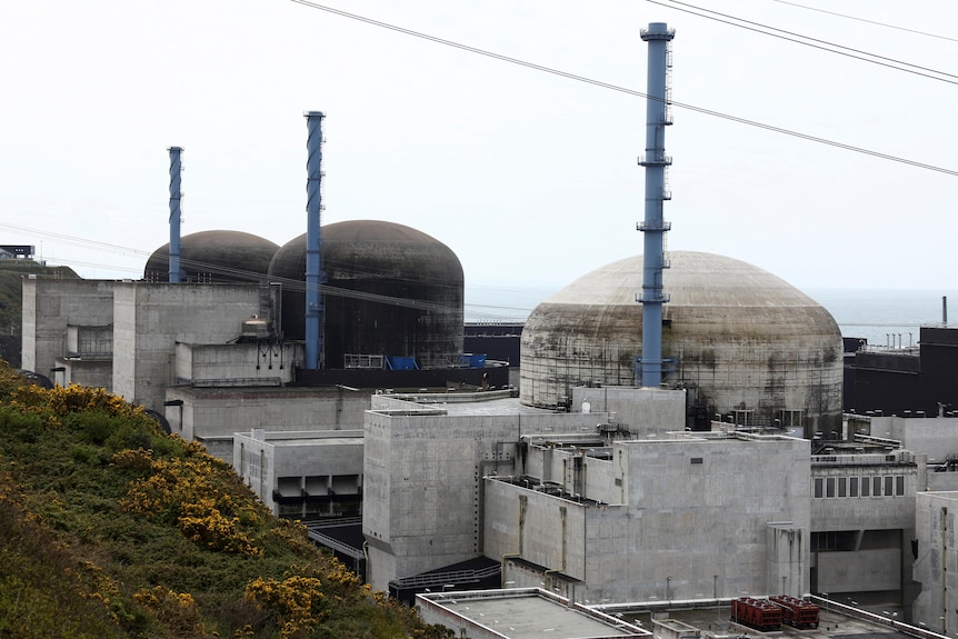 The exterior of three large domes as part of a nuclear power plant facility.