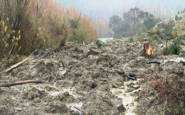 Storm damage from flooding on White Rock Road, in South Wairarapa, after storms hit on 26 and 27 June, 2026.
