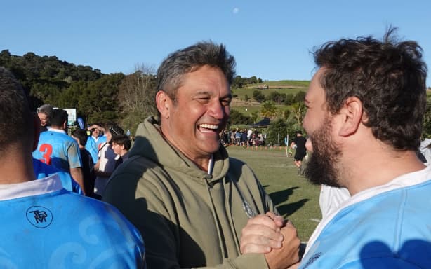 Russell captain and ex-All Black Taine Randell shares a laugh with Northland Rugby Union's Josh Hyde after the game.