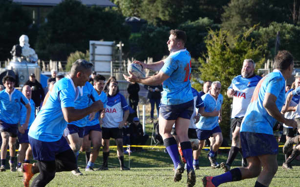 Russell’s Jordan Hyland, ex-Northland and NZ Māori player, goes high for the ball.