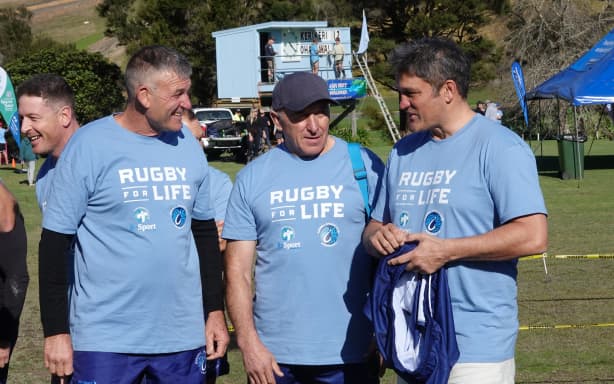 Regional councillor and former Northland rugby rep Geoff Crawford, Northland Regional Council chairman Pita Tipene, and Russell captain and former All Black Taine Randell trade stories before the game.