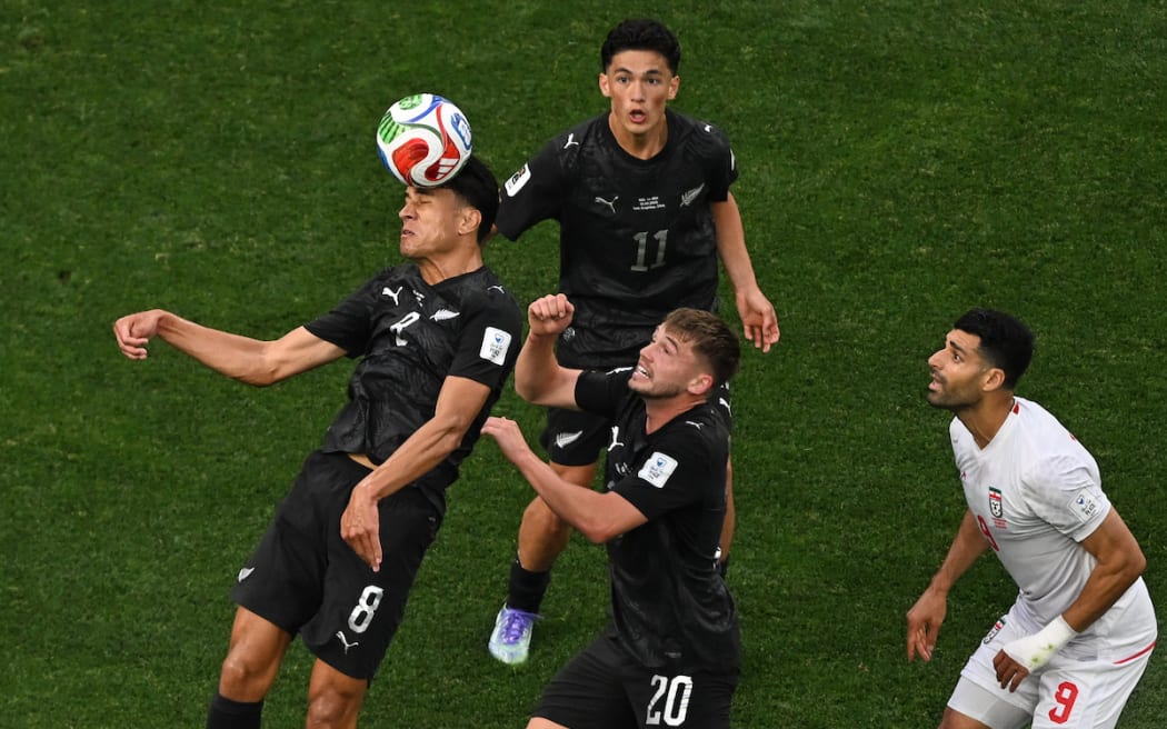Marko Stamenic of New Zealand, Callum McCowatt of New Zealand and Eli Just of New Zealand, New Zealand All Whites v IR Iran, Group G football match of the FIFA World Cup 2026 at Los Angeles Stadium, Los Angeles, USA on Monday 15 June 2026.
© Photo: Andrew Cornaga / Photosport