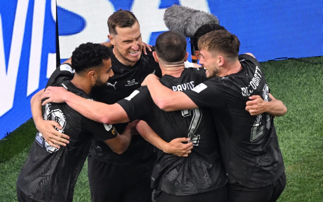 New Zealand All Whites celebrate a goal from Eli Just of New Zealand, New Zealand All Whites v IR Iran, Group G football match of the FIFA World Cup 2026 at Los Angeles Stadium, Los Angeles, USA on Monday 15 June 2026.
© Photo: Andrew Cornaga / Photosport