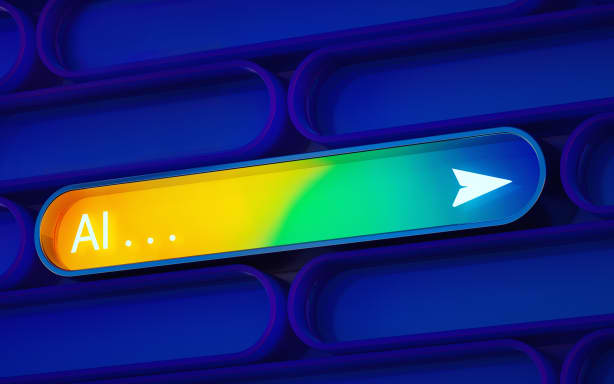 Digital generated image of multicoloured AI searching bar activating among others unactive blue search bars around.