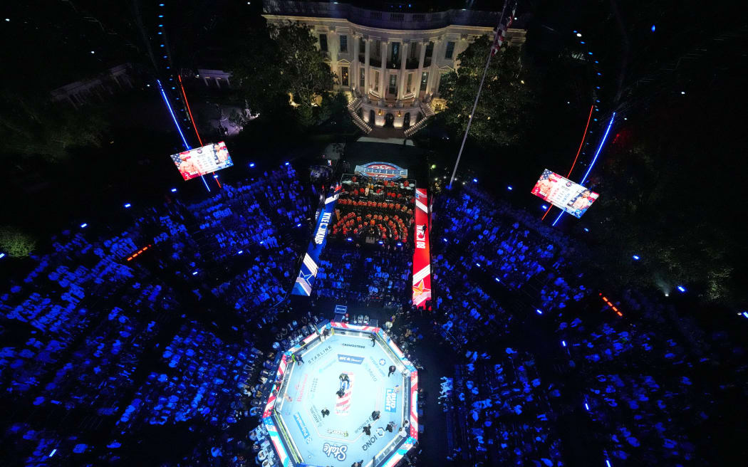 The ring and the White House are seen during UFC Freedom 250 on the South Lawn of the White House, in Washington, DC, onJune 14, 2026. (Photo by Alex Brandon / POOL / AFP)