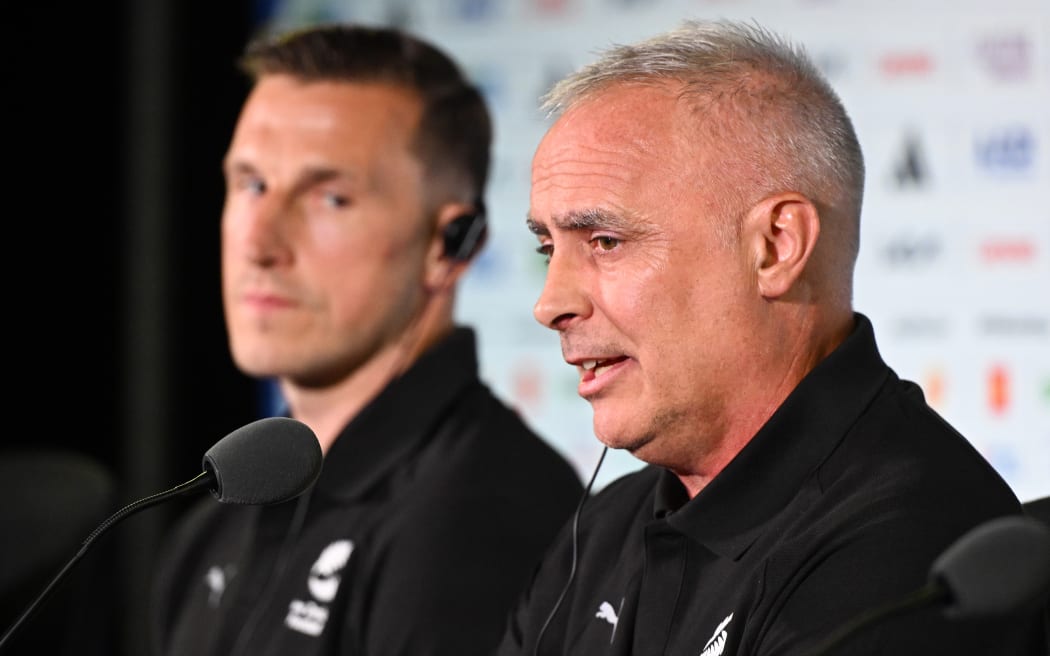 All Whites captain Chris Wood and New Zealand coach Darren Bazeley and during a press conference at Los Angeles Stadium.