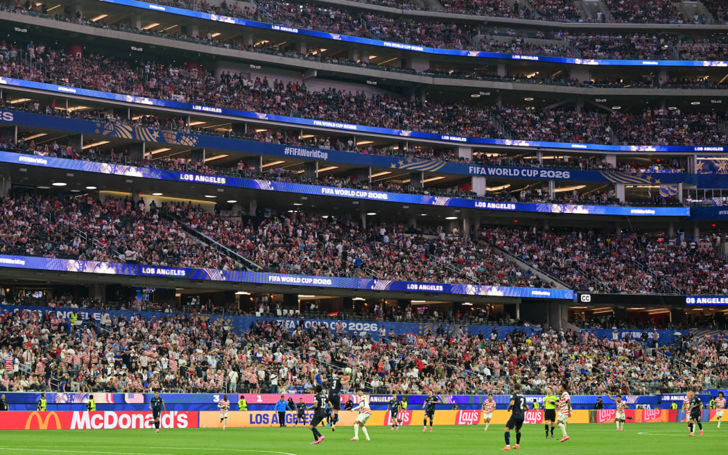 This general view shows the 2026 World Cup Group D football match between USA and Paraguay at the Los Angeles Stadium in Inglewood.