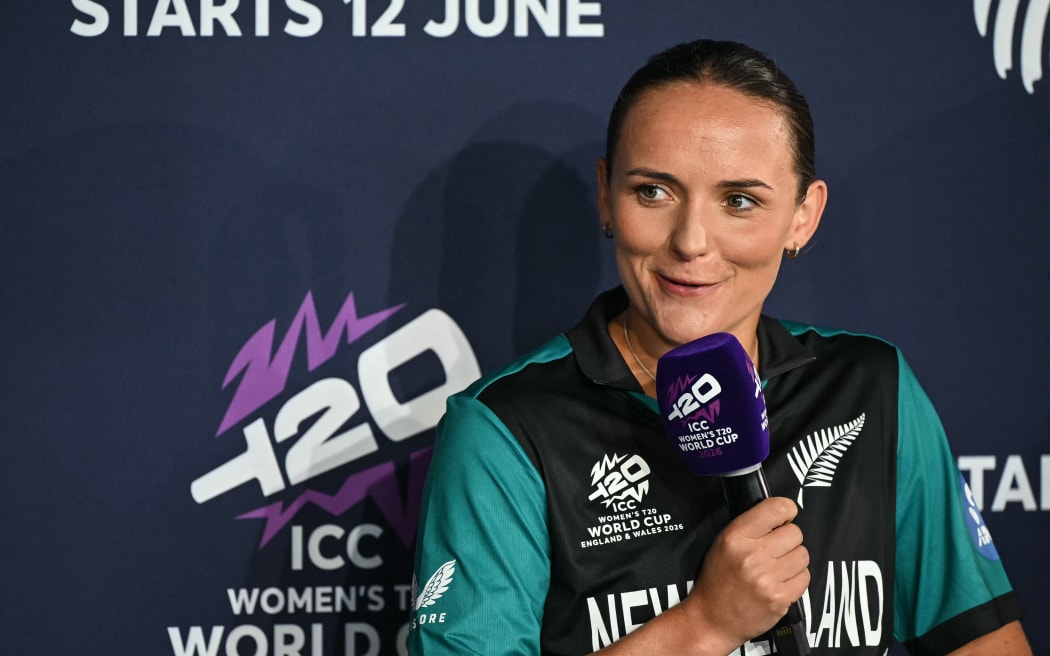 New Zealand’s Melie Kerr speaks as part of The Captains' Carnival, the activation event for the ICC Women's T20 cricket world cup 2026, in central London on June 7, 2026. (Photo by JUSTIN TALLIS / AFP)