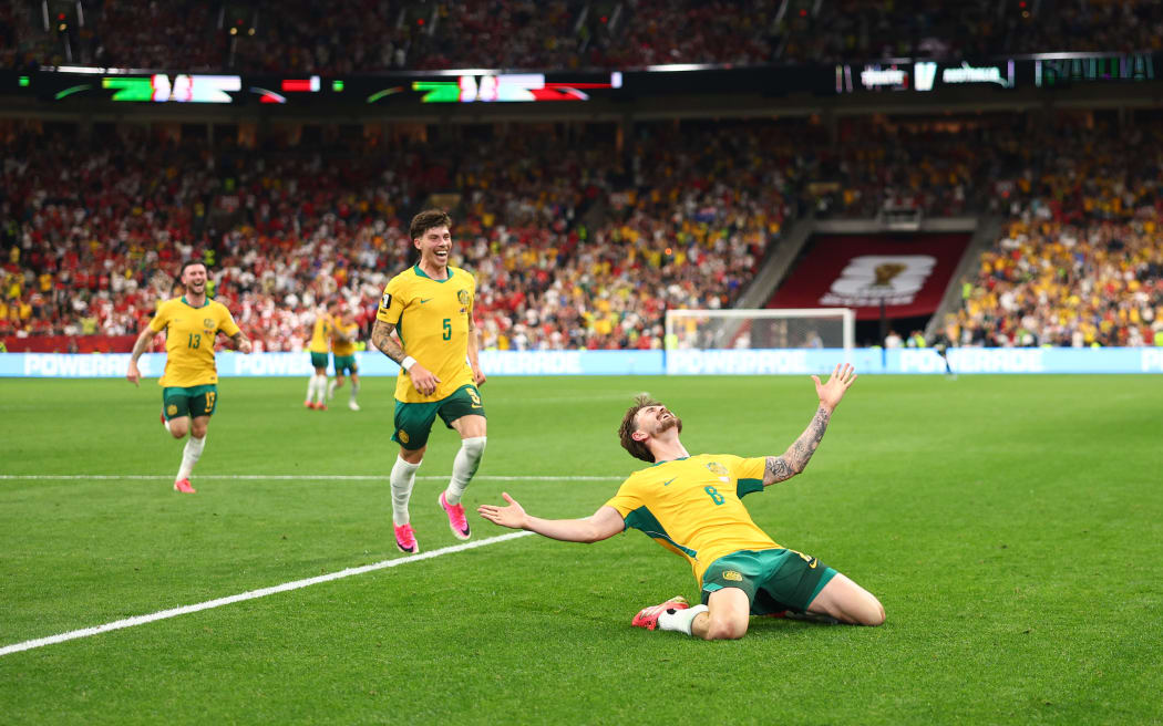 VANCOUVER, BRITISH COLUMBIA - JUNE 13: Connor Metcalfe #8 of Australia celebrates scoring his team's second goal during the FIFA World Cup 2026 Group D match between Australia and Türkiye at BC Place Vancouver on June 13, 2026 in Vancouver, British Columbia. (Photo by Dean Mouhtaropoulos/Getty Images)