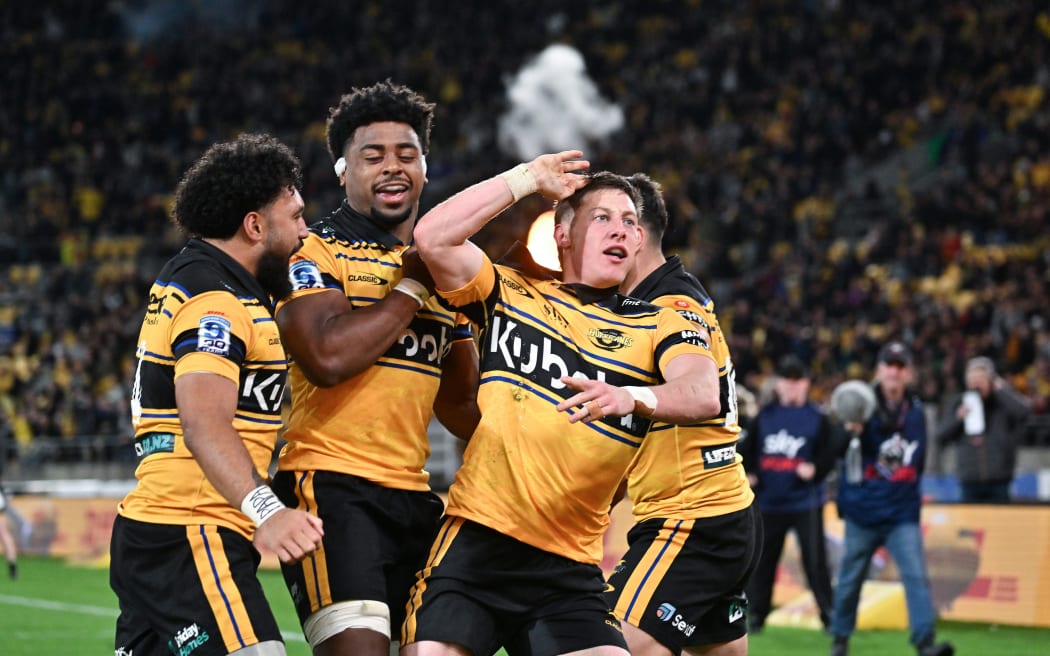 Cam Roigard celebrates a try with teammates during the Hurricanes' Super Rugby Pacific semifinal against the Blues at Hnry Stadium, Wellington, 13 June 2026.
Copyright photo: Masanori Udagawa / www.photosport.