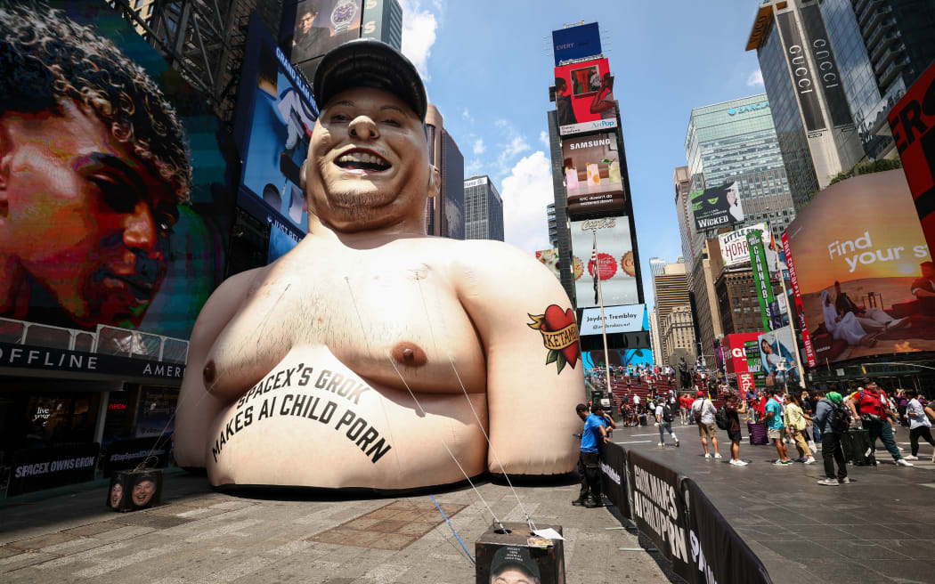 An inflatable effigy of SpaceX CEO Elon Musk, protesting Musk's Grok AI, stands in Times Square in New York City on June 11, 2026. SpaceX entered the final stretch Thursday before its expected trading on Wall Street as part of the biggest initial public offering in history, which could propel co-founder Elon Musk to trillionaire status. If all goes as expected, the space and rocket company co-founded by Musk in 2002 will begin trading on the Nasdaq exchange on Friday morning, with all eyes on how Wall Street will absorb the blockbuster IPO that could send tremors across global markets. (Photo by CHARLY TRIBALLEAU / AFP)