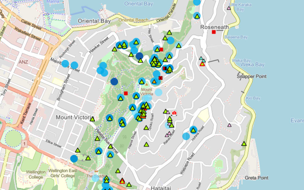 A map of the Hataitai area of Wellington with different coloured markers scattered on it - some red camera-like squares, some blue circles and green triangles. Each represent part of the PFW effort. They are clustered in the green space in the centre.