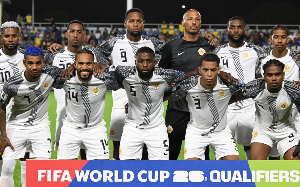 (back lr) Leandro Bacuna of Curacao, Joshua Brenet of Curacao, Rangelo Janga of Curacao, Curacao goalkeeper Eloy Room, Rhu Endly Martina of Curacao, Jearl Margaritha of Curacao (front lr) Juninho Bacuna of Curacao, Kenji Gorre of Curacao, Sherel Floranus of Curacao, Jurien Gaari of Curacao, Godfried Roemeratoe of Curacao during the World Cup qualifying Concacaf match between Aruba v Curacao at the Compleho Deportivo Guillermo Trinidad stadium on June 8, 2024 (local time) in Oranjestad, Aruba. ANP