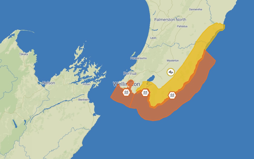 MetService heavy swell warnings were in place for the lower North Island coast, and strong wind watches for coastal parts of Wairarapa and the Tararua District, and n the South Island, coastal parts of Clutha and Dunedin from Tuesday 9 June 2026.