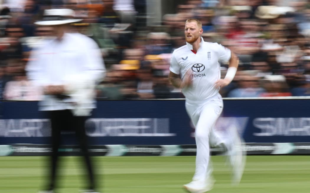 England's captain Ben Stokes bowls on the fourth day of the first cricket test match between England and New Zealand at Lord's cricket ground in London on June 7, 2026. (Photo by Henry NICHOLLS / AFP) / RESTRICTED TO EDITORIAL USE. NO ASSOCIATION WITH DIRECT COMPETITOR OF SPONSOR, PARTNER, OR SUPPLIER OF THE ECB