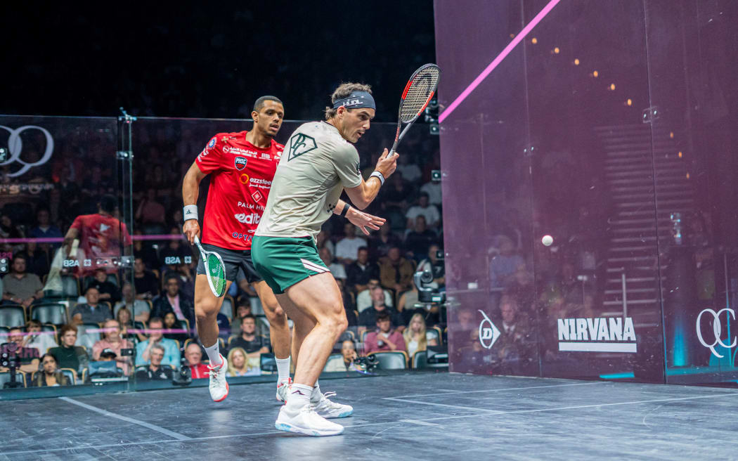 New Zealand Paul Coll, in action during the 2026 British Open final against Egyptian Mostafa Asal. Coll won Asal retired at the start of the fourth game.
