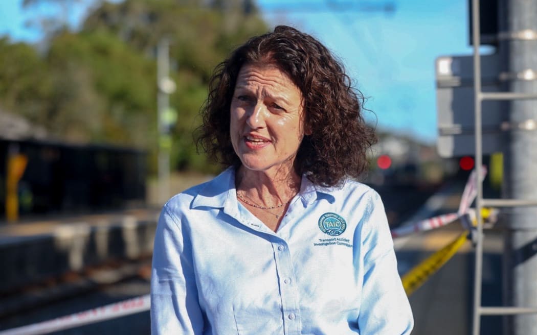 TAIC Chief Investigator of Accidents Louise Cook speaks to media at the site of the Wellington train derailment at Khandallah - 7 June 2026
