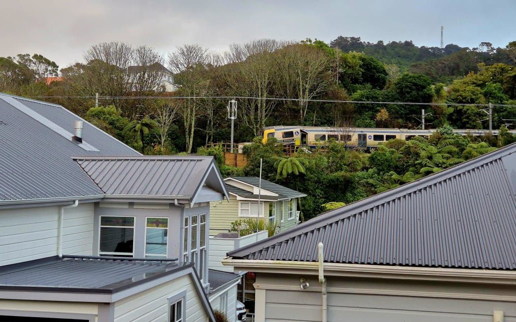 The aftermath of the train derailment near Khandallah, Wellington, pictured on 7 June, 2026. The train remains on the scene as investigators work to find the cause.