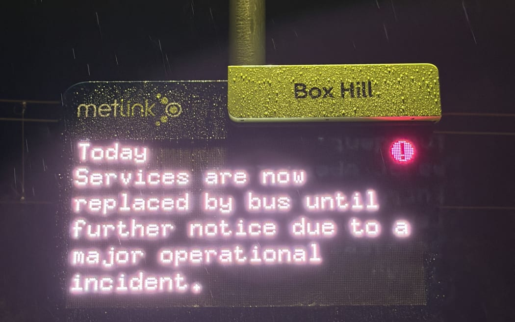 An electronic sign at Box Hill station in Wellington advises train passengers of delays caused by a derailment on the night of 6 June 2026.