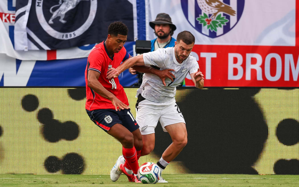 Tim Payne of New Zealand and Jude Bellingham of England, England v New Zealand All Whites, international football friendly match at Raymond James Stadium, Tampa, Florida, USA on Saturday 6 June 2026.
Photo: Douglas DeFelice / Photosport