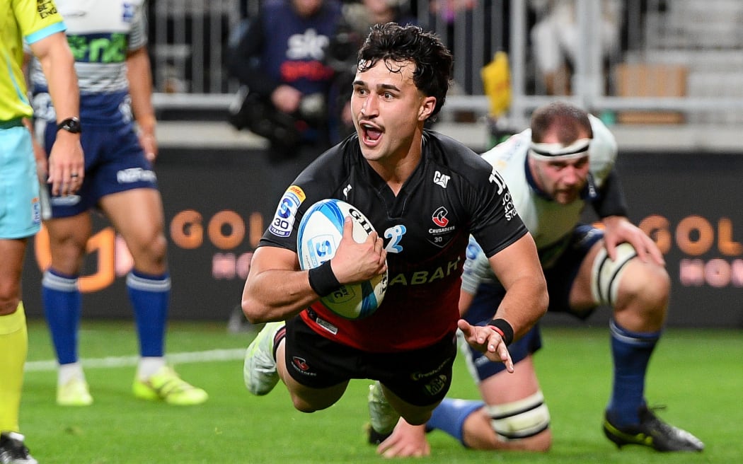 Taha Kemara of the Crusaders scores a try during the Super Rugby Pacific Qualifying Final Rugby match, Crusaders Vs Blues at One NZ Stadium, New Zealand, 6th June 2026. Copyright photo: John Davidson / www.photosport.nz
