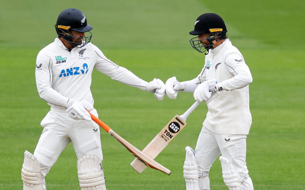 Tom Blundell (left) and Devon COnway of New Zealand touch gloves. England v New Zealand Blackcaps, Day 3 of the 1st Test cricket match at Lords, London, England on Saturday 6 June 2026. Photo: Matthew Impey / Photosport